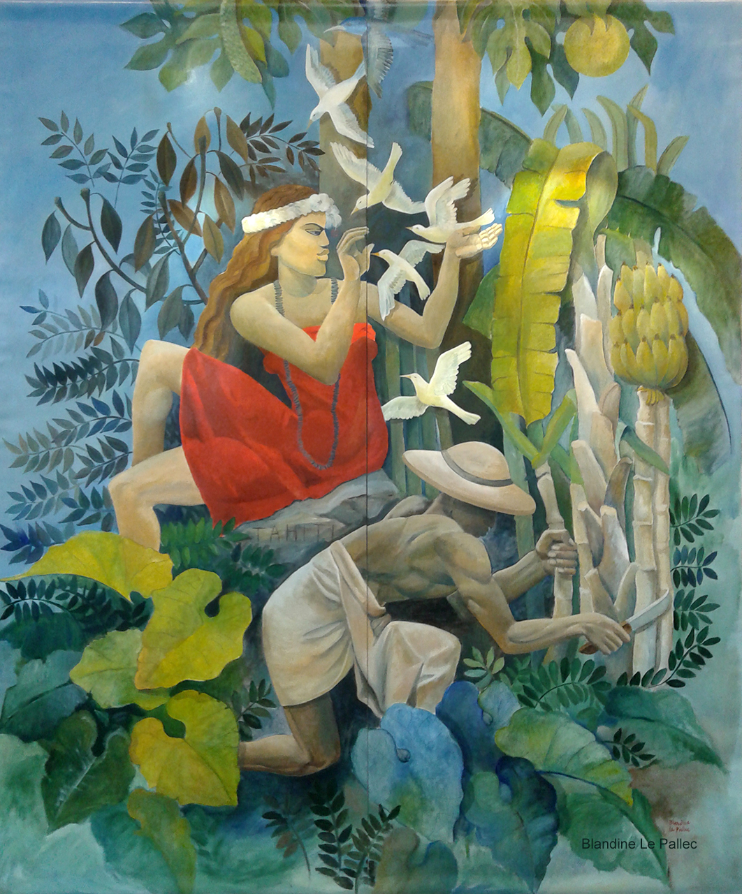Tahiti, décor peint sur du papier peint, d'après le bas relief d'Alfred Janniot