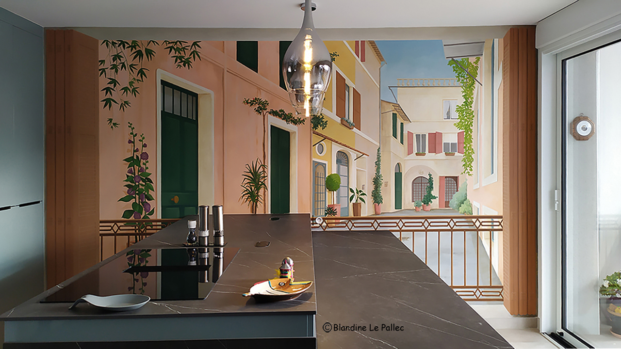 Trompe l'œil, représentant une rue de Sicile vue d'un balcon, peint dans une cuisine pour agrandir l'espace.
