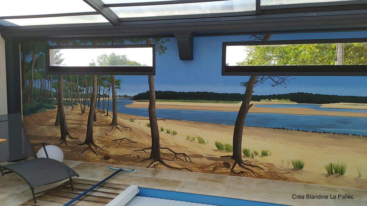 Peinture murale intérieure, représentant une vue panoramique de la plage du Veillon, Vendée
