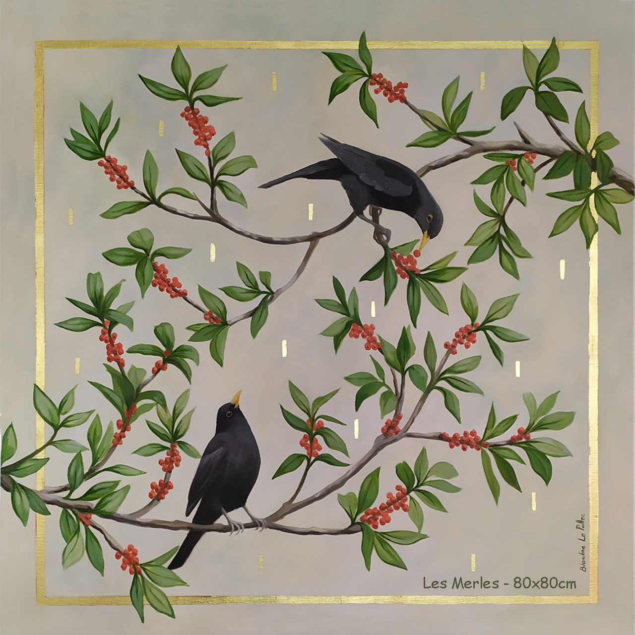 merles_blandine_le_pallec Tableau représentant 2 merles peints à l'acrylique sur toile format 80x80cm. Filets et motifs composés de feuilles d'or 22 carats.