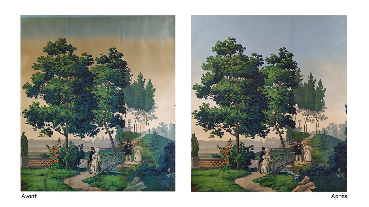 restauraution_papier_peint_blandine_le_pallec Restauration d'un papier peint ancien (esprit ZUBER) - nettoyage- retouches