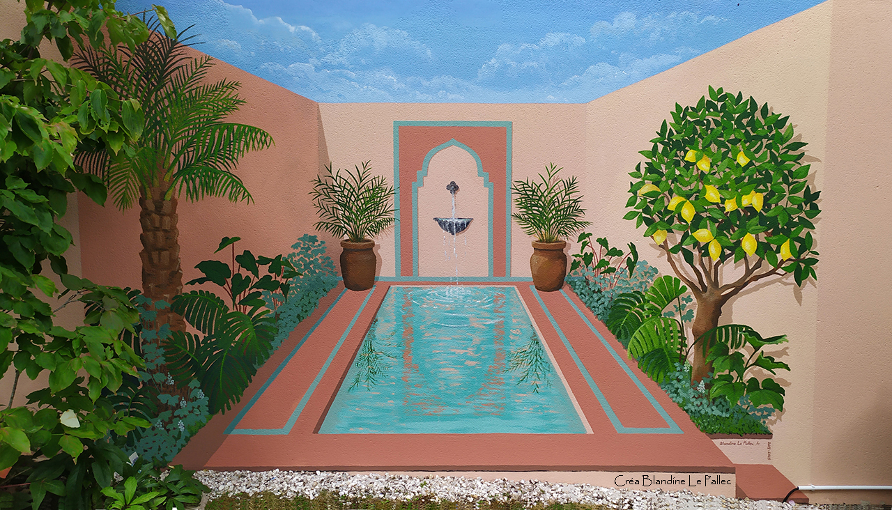 trompe l'œil extérieur représentant un bassin avec fontaine., entouré de plantes exotiques, d'un citronnier et d'un palmier.